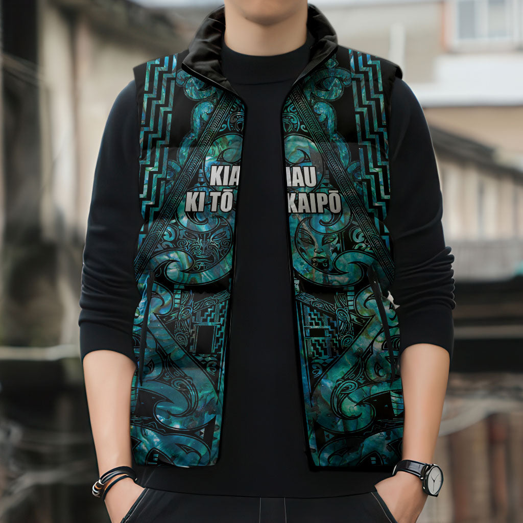 Maori Language Week Personalised Sleeveless Puffer Jacket Kia Mau Ki To Ukaipo Paua Shell Color