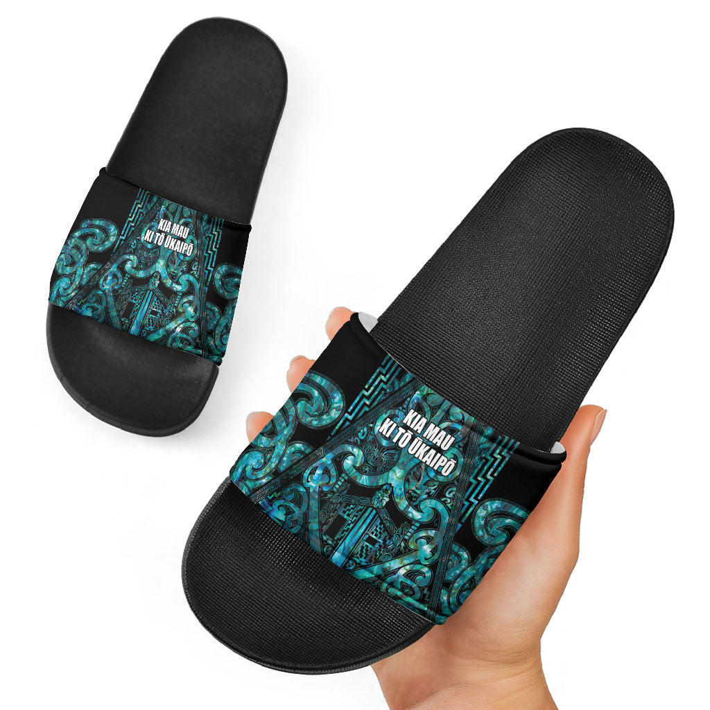 Maori Language Week Slide Sandals Kia Mau Ki To Ukaipo Paua Shell Color