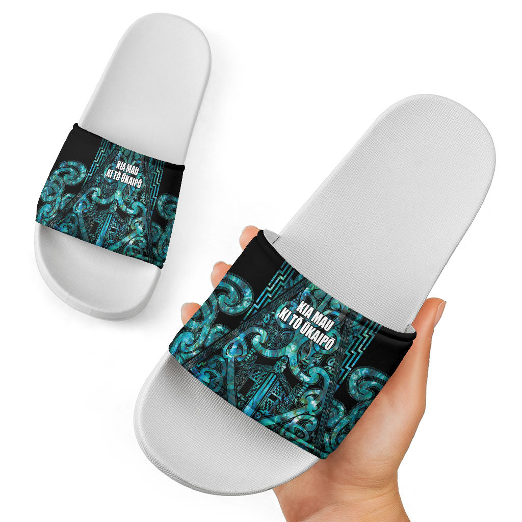 Maori Language Week Slide Sandals Kia Mau Ki To Ukaipo Paua Shell Color