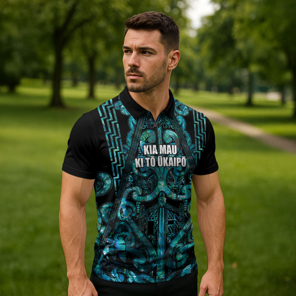 Maori Language Week Personalised Zipper Polo Shirt Kia Mau Ki To Ukaipo Paua Shell Color