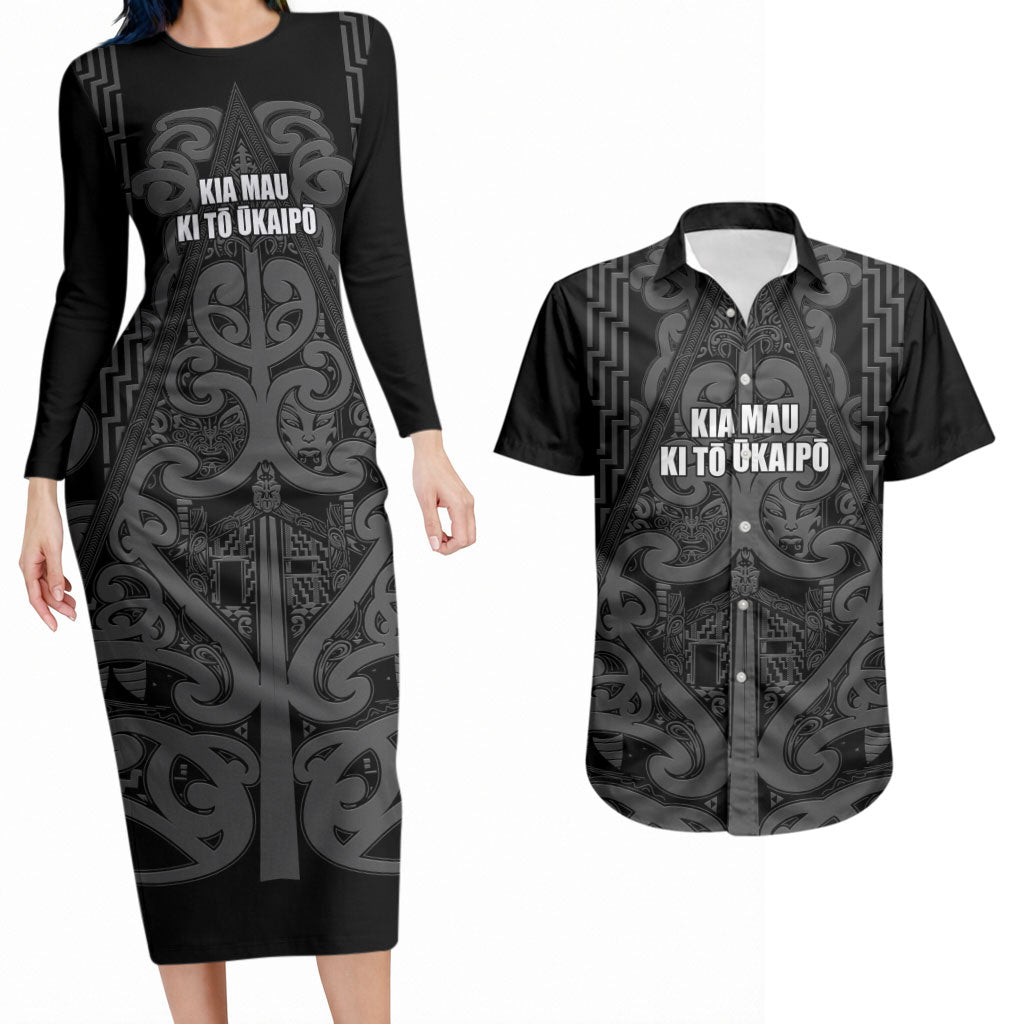 Maori Language Week Personalised Couples Matching Long Sleeve Bodycon Dress and Hawaiian Shirt Kia Mau Ki To Ukaipo Grey Color