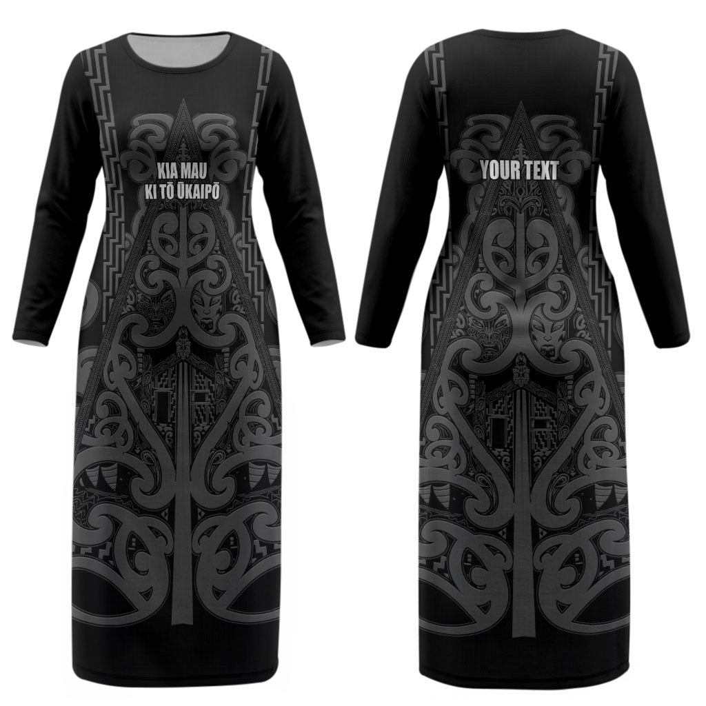 Maori Language Week Personalised Couples Matching Long Sleeve Bodycon Dress and Hawaiian Shirt Kia Mau Ki To Ukaipo Grey Color