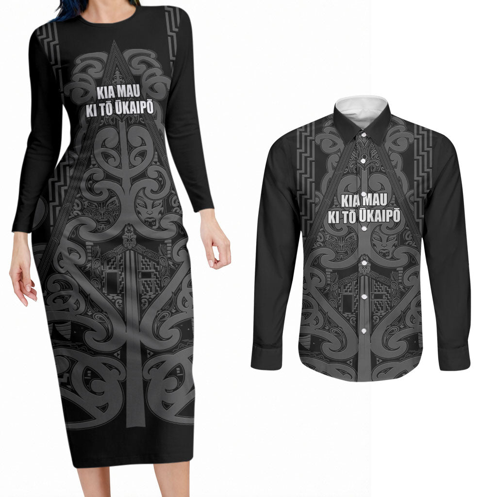 Maori Language Week Personalised Couples Matching Long Sleeve Bodycon Dress and Long Sleeve Button Shirt Kia Mau Ki To Ukaipo Grey Color