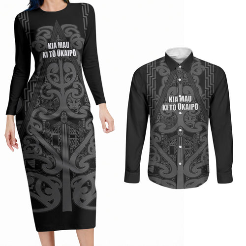 Maori Language Week Personalised Couples Matching Long Sleeve Bodycon Dress and Long Sleeve Button Shirt Kia Mau Ki To Ukaipo Grey Color