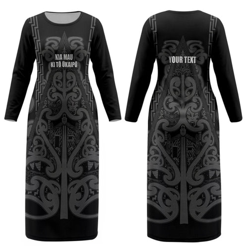 Maori Language Week Personalised Couples Matching Long Sleeve Bodycon Dress and Long Sleeve Button Shirt Kia Mau Ki To Ukaipo Grey Color