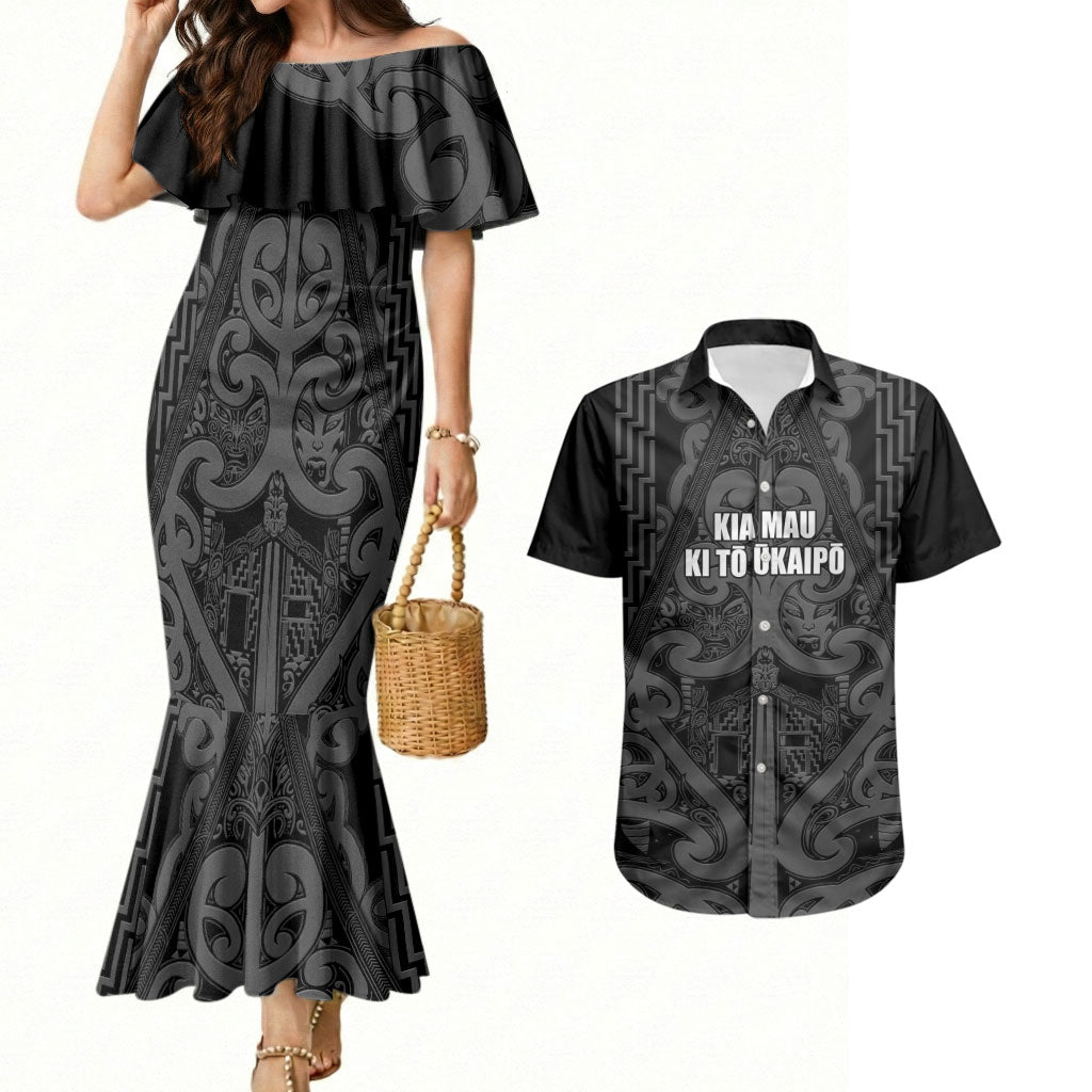 Maori Language Week Personalised Couples Matching Mermaid Dress and Hawaiian Shirt Kia Mau Ki To Ukaipo Grey Color