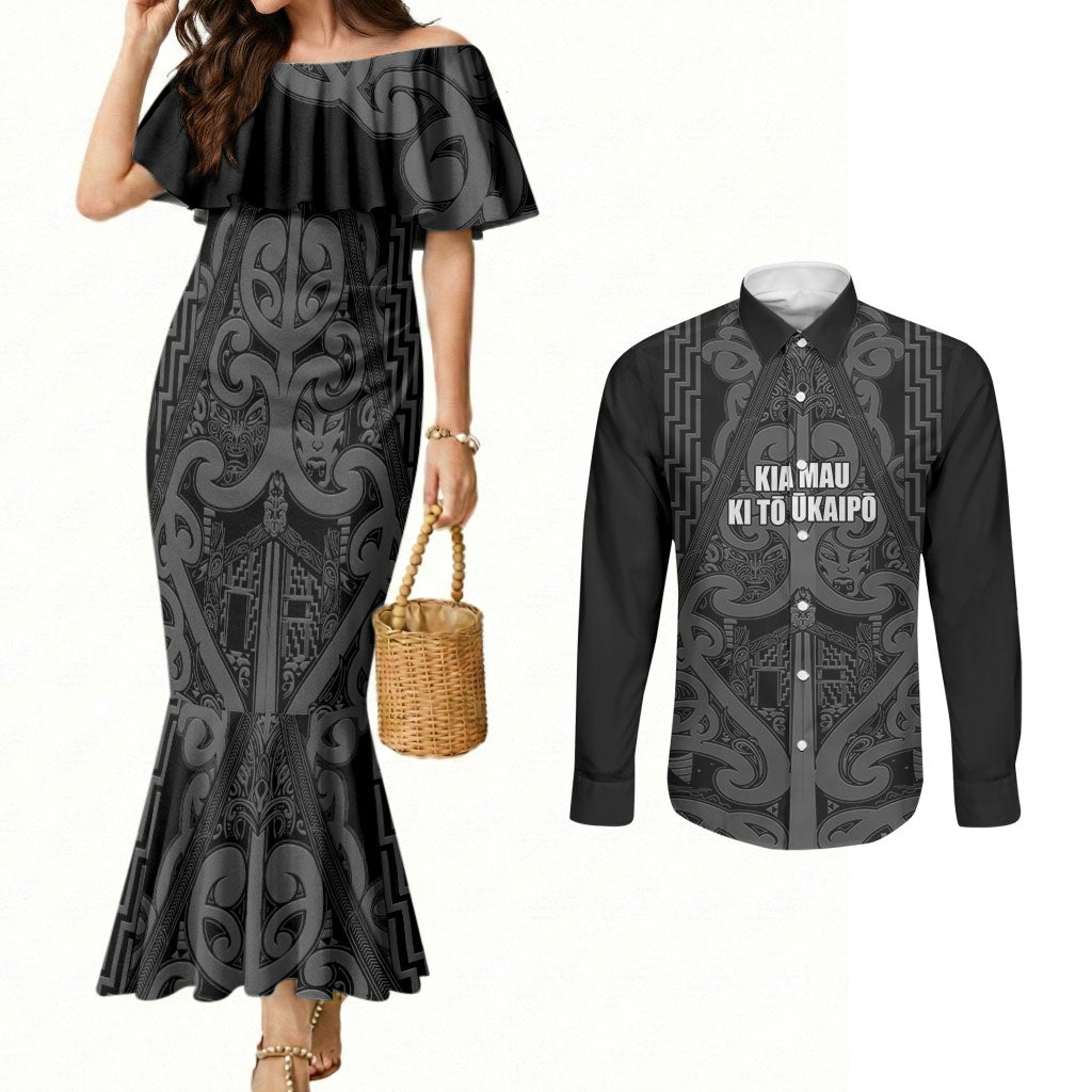 Maori Language Week Personalised Couples Matching Mermaid Dress and Long Sleeve Button Shirt Kia Mau Ki To Ukaipo Grey Color