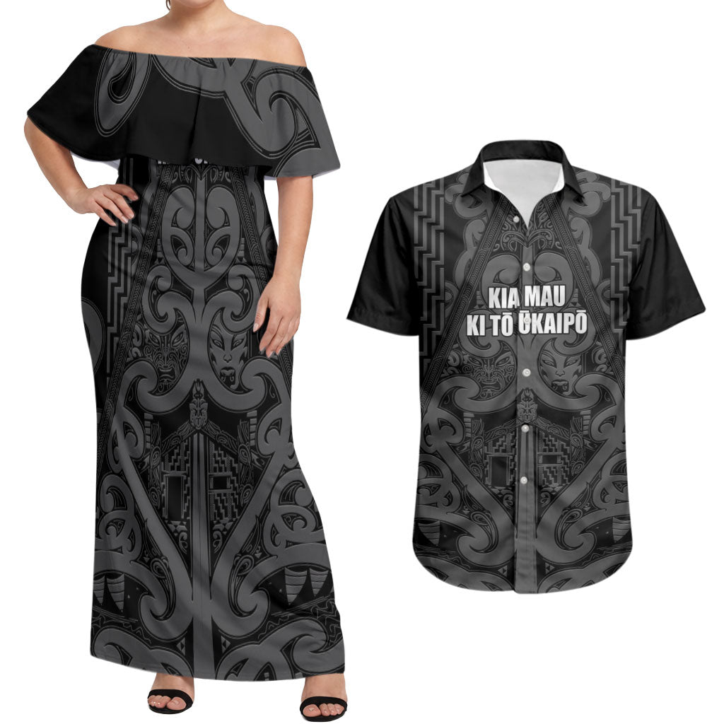 Maori Language Week Personalised Couples Matching Off Shoulder Maxi Dress and Hawaiian Shirt Kia Mau Ki To Ukaipo Grey Color