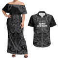 Maori Language Week Personalised Couples Matching Off Shoulder Maxi Dress and Hawaiian Shirt Kia Mau Ki To Ukaipo Grey Color