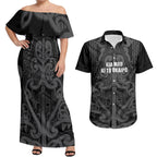 Maori Language Week Personalised Couples Matching Off Shoulder Maxi Dress and Hawaiian Shirt Kia Mau Ki To Ukaipo Grey Color