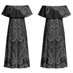 Maori Language Week Personalised Couples Matching Off Shoulder Maxi Dress and Hawaiian Shirt Kia Mau Ki To Ukaipo Grey Color