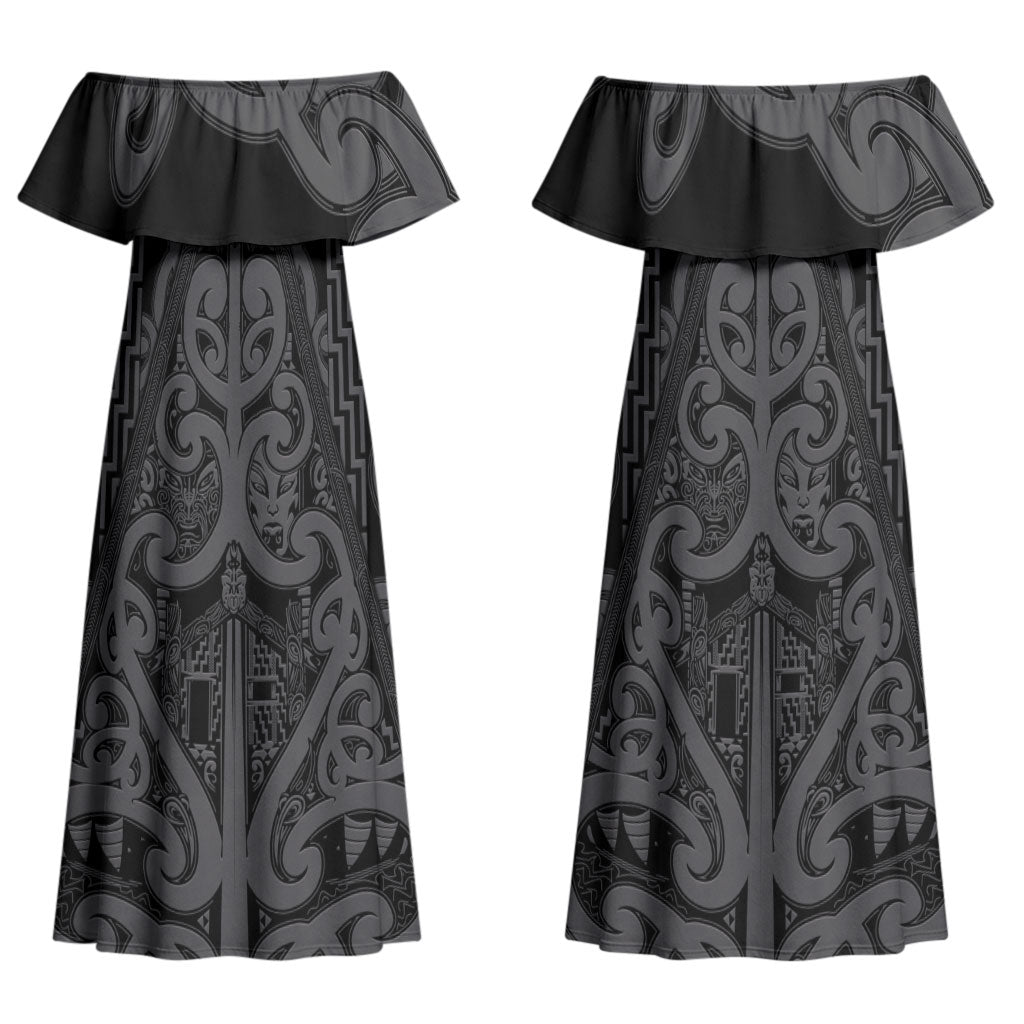 Maori Language Week Personalised Couples Matching Off Shoulder Maxi Dress and Hawaiian Shirt Kia Mau Ki To Ukaipo Grey Color