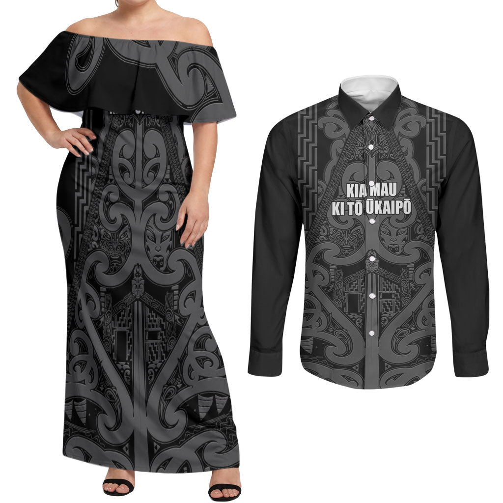 Maori Language Week Personalised Couples Matching Off Shoulder Maxi Dress and Long Sleeve Button Shirt Kia Mau Ki To Ukaipo Grey Color