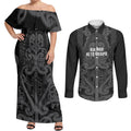 Maori Language Week Personalised Couples Matching Off Shoulder Maxi Dress and Long Sleeve Button Shirt Kia Mau Ki To Ukaipo Grey Color