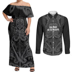 Maori Language Week Personalised Couples Matching Off Shoulder Maxi Dress and Long Sleeve Button Shirt Kia Mau Ki To Ukaipo Grey Color