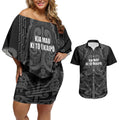 Maori Language Week Personalised Couples Matching Off Shoulder Short Dress and Hawaiian Shirt Kia Mau Ki To Ukaipo Grey Color