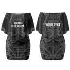 Maori Language Week Personalised Couples Matching Off Shoulder Short Dress and Hawaiian Shirt Kia Mau Ki To Ukaipo Grey Color