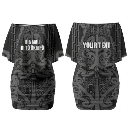 Maori Language Week Personalised Couples Matching Off Shoulder Short Dress and Hawaiian Shirt Kia Mau Ki To Ukaipo Grey Color