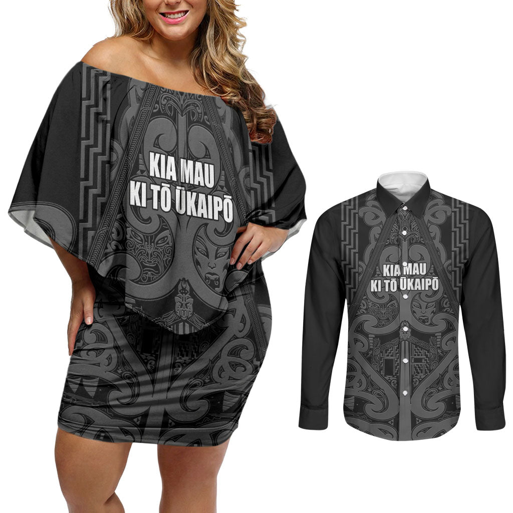 Maori Language Week Personalised Couples Matching Off Shoulder Short Dress and Long Sleeve Button Shirt Kia Mau Ki To Ukaipo Grey Color