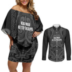 Maori Language Week Personalised Couples Matching Off Shoulder Short Dress and Long Sleeve Button Shirt Kia Mau Ki To Ukaipo Grey Color