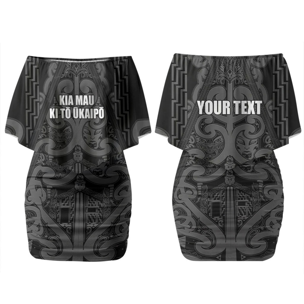 Maori Language Week Personalised Couples Matching Off Shoulder Short Dress and Long Sleeve Button Shirt Kia Mau Ki To Ukaipo Grey Color