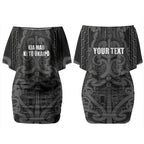 Maori Language Week Personalised Couples Matching Off Shoulder Short Dress and Long Sleeve Button Shirt Kia Mau Ki To Ukaipo Grey Color