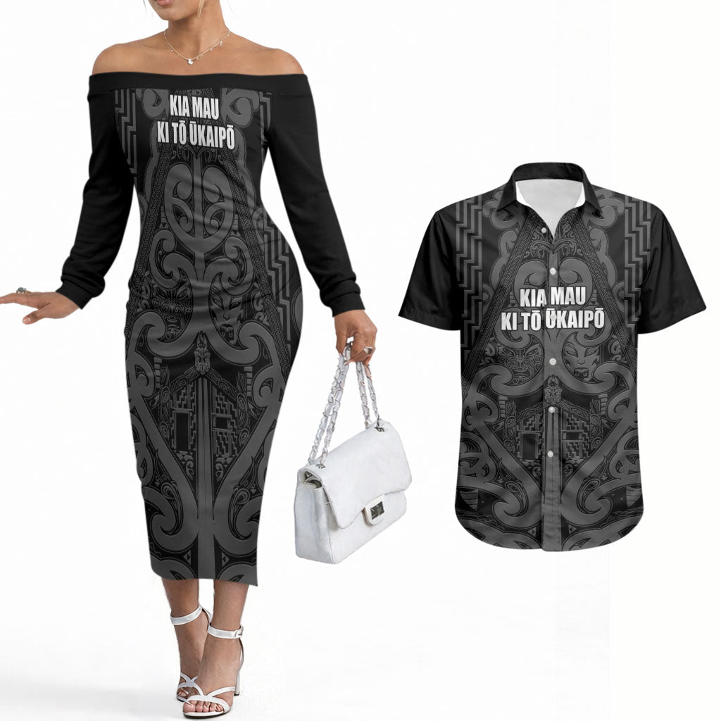 Maori Language Week Personalised Couples Matching Off The Shoulder Long Sleeve Dress and Hawaiian Shirt Kia Mau Ki To Ukaipo Grey Color