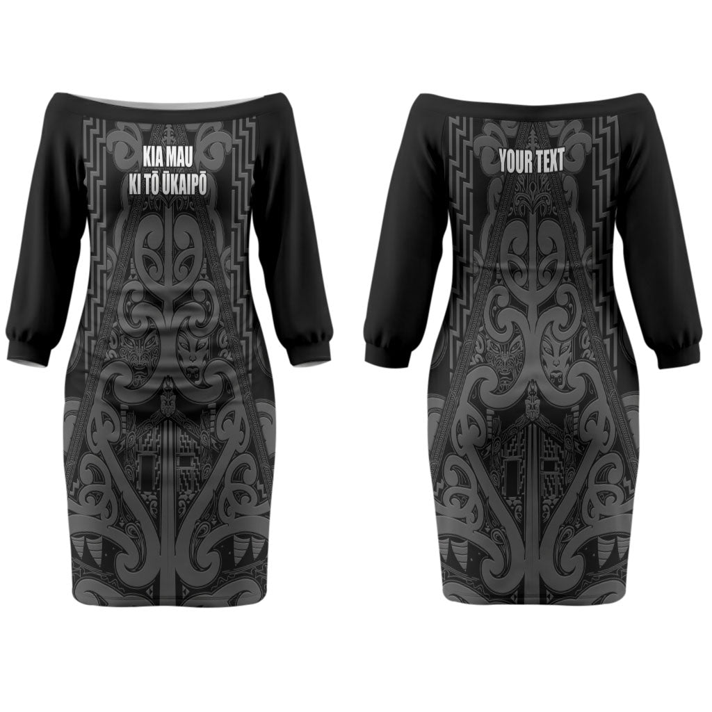 Maori Language Week Personalised Couples Matching Off The Shoulder Long Sleeve Dress and Hawaiian Shirt Kia Mau Ki To Ukaipo Grey Color