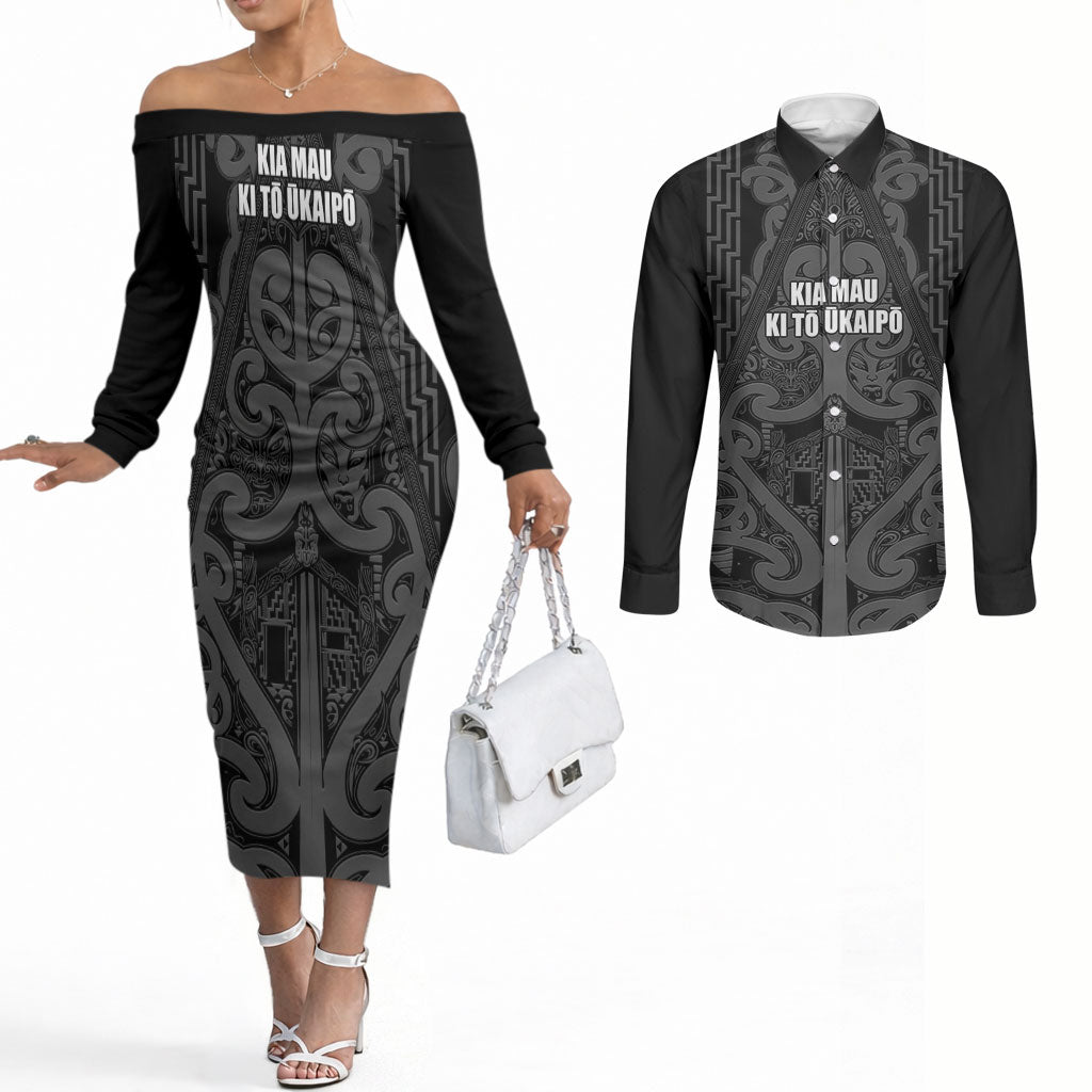 Maori Language Week Personalised Couples Matching Off The Shoulder Long Sleeve Dress and Long Sleeve Button Shirt Kia Mau Ki To Ukaipo Grey Color