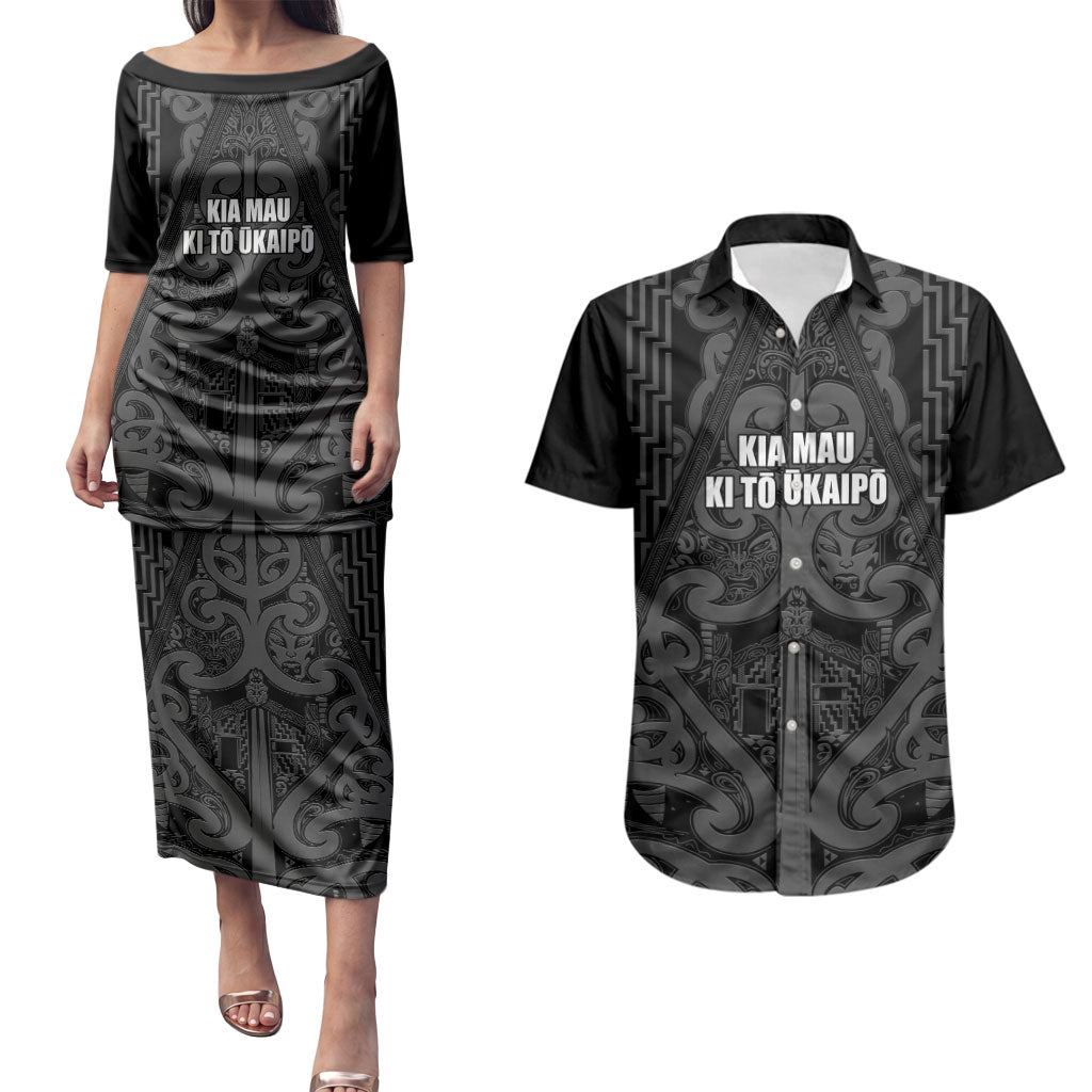 Maori Language Week Personalised Couples Matching Puletasi and Hawaiian Shirt Kia Mau Ki To Ukaipo Grey Color
