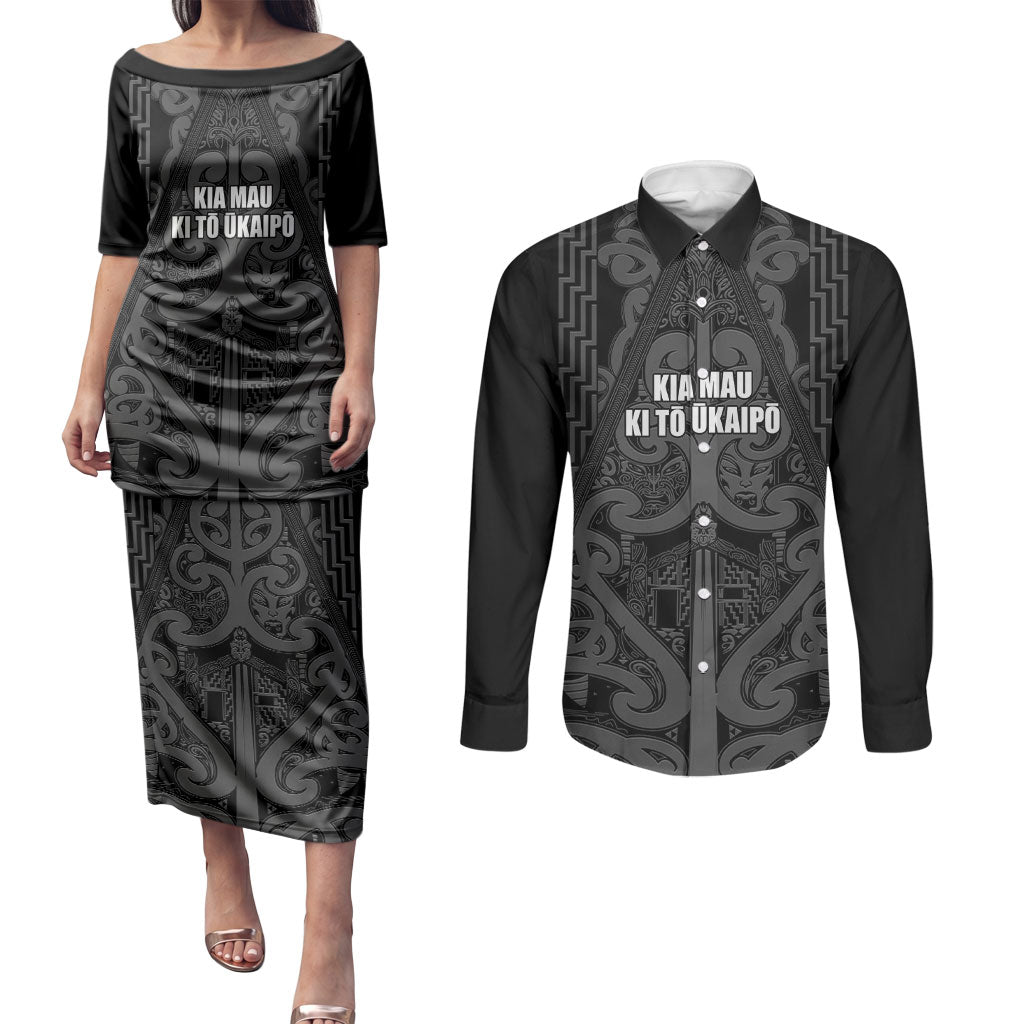 Maori Language Week Personalised Couples Matching Puletasi and Long Sleeve Button Shirt Kia Mau Ki To Ukaipo Grey Color