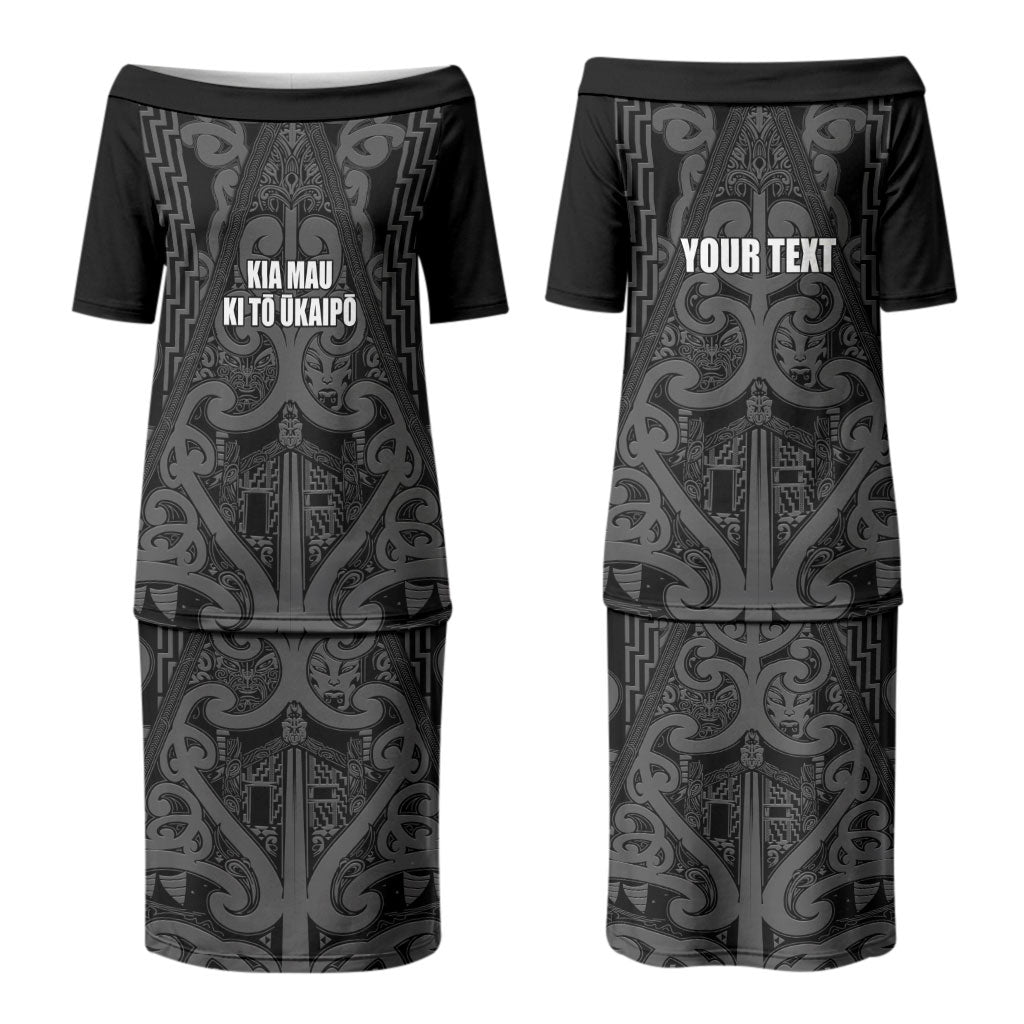 Maori Language Week Personalised Couples Matching Puletasi and Long Sleeve Button Shirt Kia Mau Ki To Ukaipo Grey Color