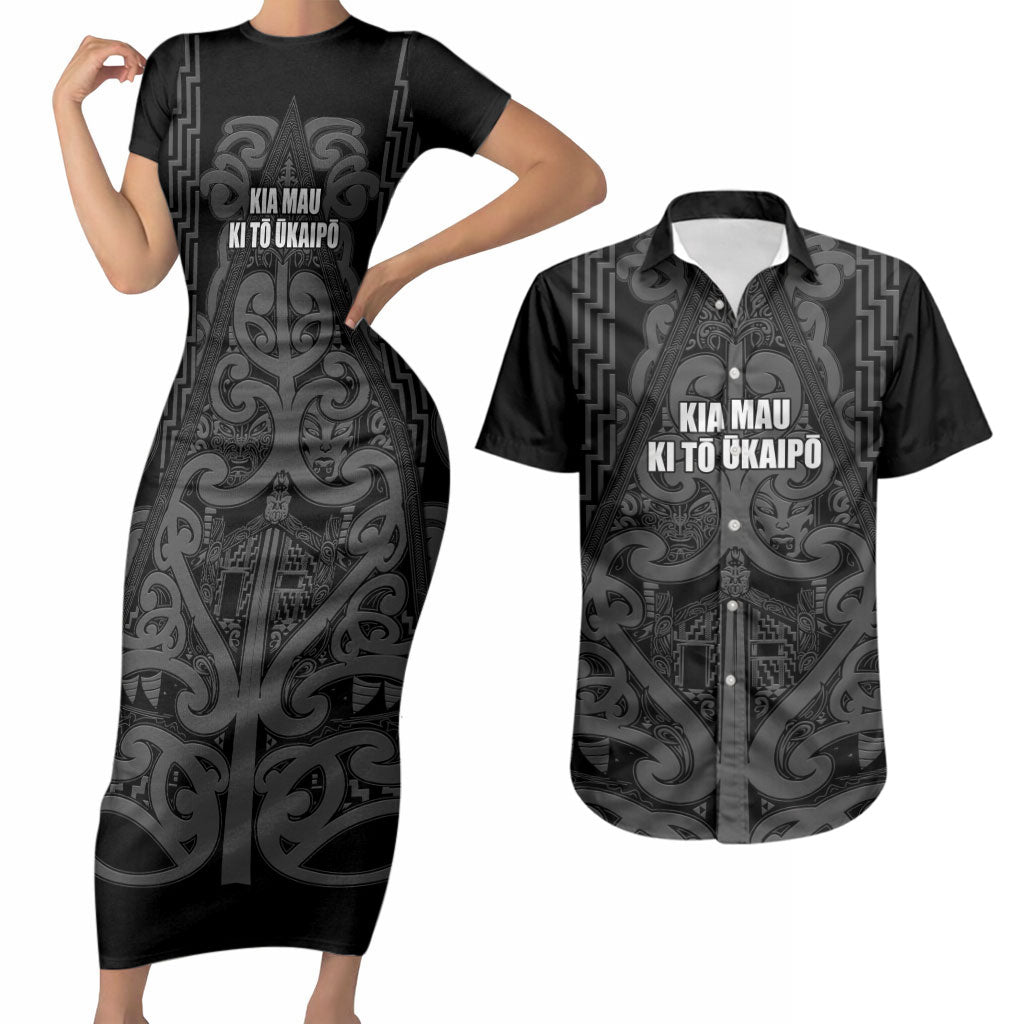 Maori Language Week Personalised Couples Matching Short Sleeve Bodycon Dress and Hawaiian Shirt Kia Mau Ki To Ukaipo Grey Color
