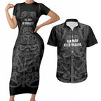 Maori Language Week Personalised Couples Matching Short Sleeve Bodycon Dress and Hawaiian Shirt Kia Mau Ki To Ukaipo Grey Color