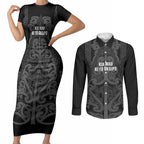 Maori Language Week Personalised Couples Matching Short Sleeve Bodycon Dress and Long Sleeve Button Shirt Kia Mau Ki To Ukaipo Grey Color
