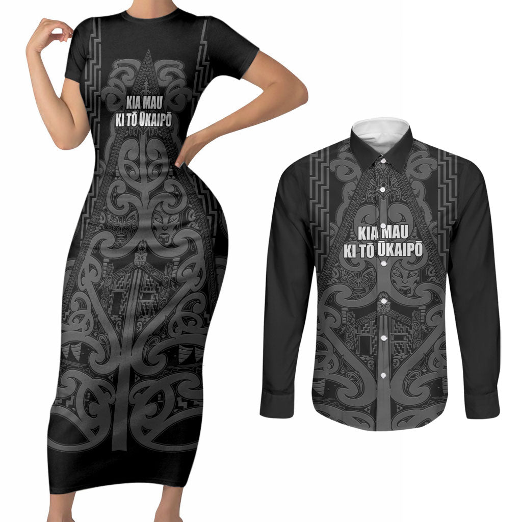Maori Language Week Personalised Couples Matching Short Sleeve Bodycon Dress and Long Sleeve Button Shirt Kia Mau Ki To Ukaipo Grey Color
