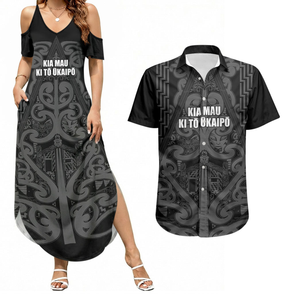 Maori Language Week Personalised Couples Matching Summer Maxi Dress and Hawaiian Shirt Kia Mau Ki To Ukaipo Grey Color