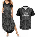 Maori Language Week Personalised Couples Matching Summer Maxi Dress and Hawaiian Shirt Kia Mau Ki To Ukaipo Grey Color