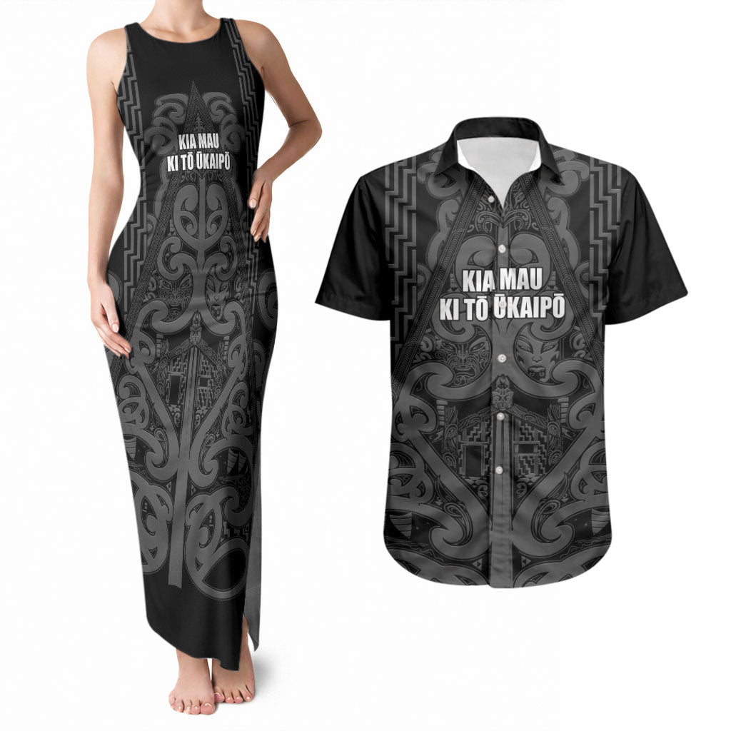 Maori Language Week Personalised Couples Matching Tank Maxi Dress and Hawaiian Shirt Kia Mau Ki To Ukaipo Grey Color