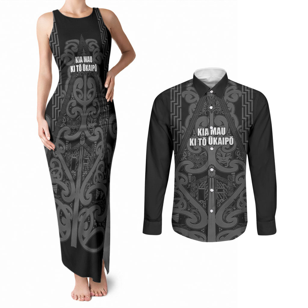 Maori Language Week Personalised Couples Matching Tank Maxi Dress and Long Sleeve Button Shirt Kia Mau Ki To Ukaipo Grey Color