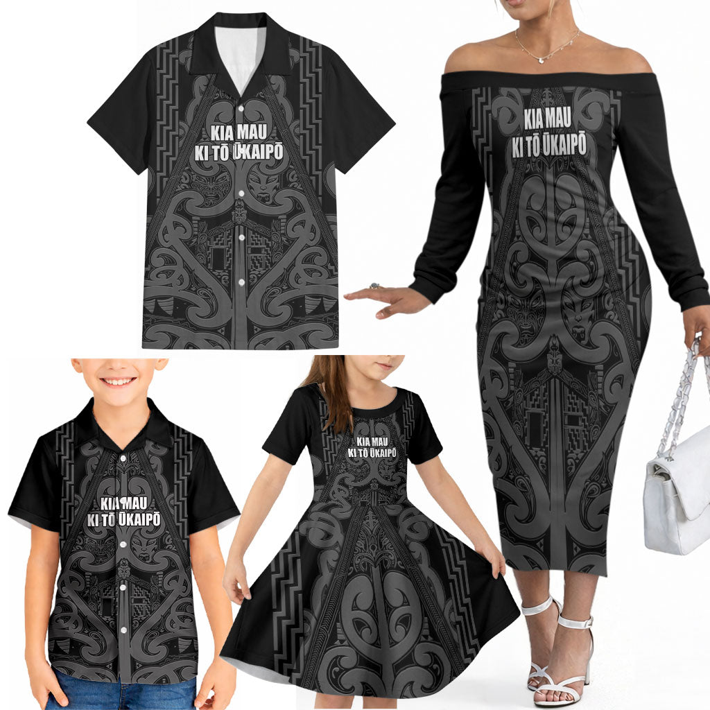 Maori Language Week Personalised Family Matching Off The Shoulder Long Sleeve Dress and Hawaiian Shirt Kia Mau Ki To Ukaipo Grey Color
