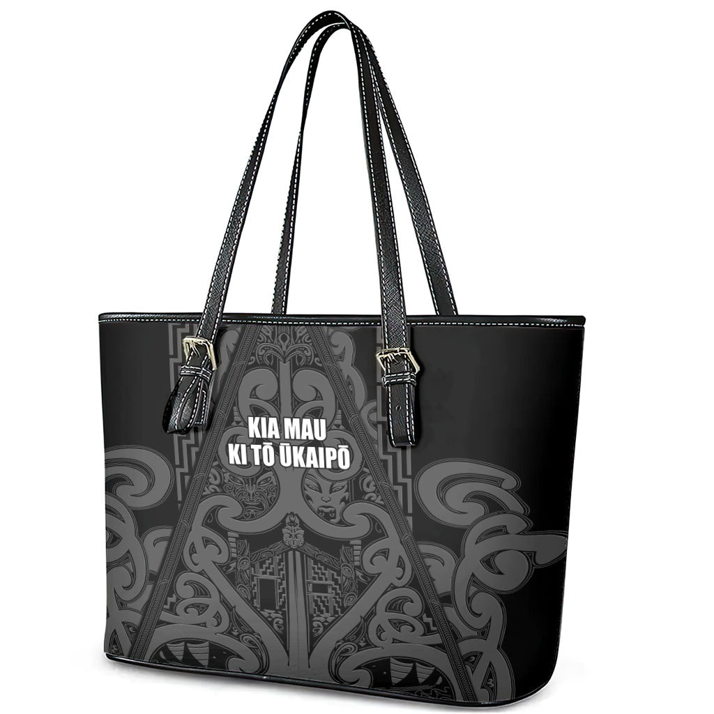 Maori Language Week Leather Tote Bag Kia Mau Ki To Ukaipo Grey Color