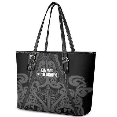 Maori Language Week Leather Tote Bag Kia Mau Ki To Ukaipo Grey Color