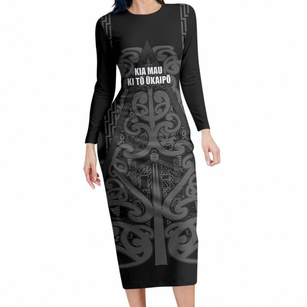Maori Language Week Personalised Long Sleeve Bodycon Dress Kia Mau Ki To Ukaipo Grey Color
