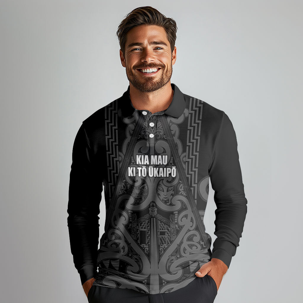 Maori Language Week Personalised Long Sleeve Polo Shirt Kia Mau Ki To Ukaipo Grey Color