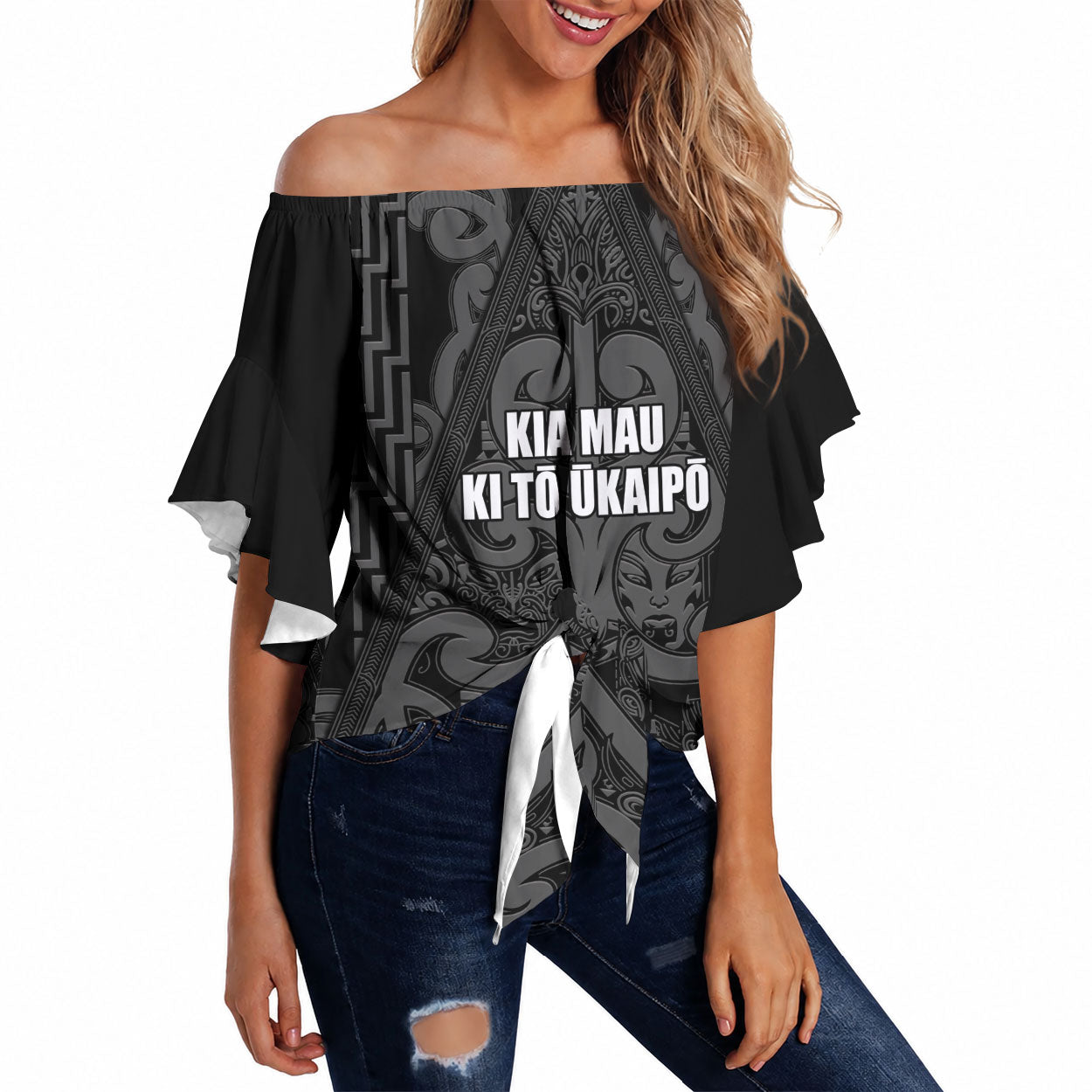 Maori Language Week Personalised Off Shoulder Wrap Waist Top Kia Mau Ki To Ukaipo Grey Color