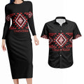 Aotearoa Atua Tumatauenga Personalised Couples Matching Long Sleeve Bodycon Dress and Hawaiian Shirt Maori God Of War Taniko Motifs