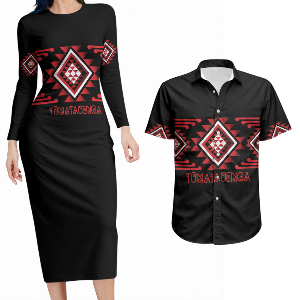 Aotearoa Atua Tumatauenga Personalised Couples Matching Long Sleeve Bodycon Dress and Hawaiian Shirt Maori God Of War Taniko Motifs