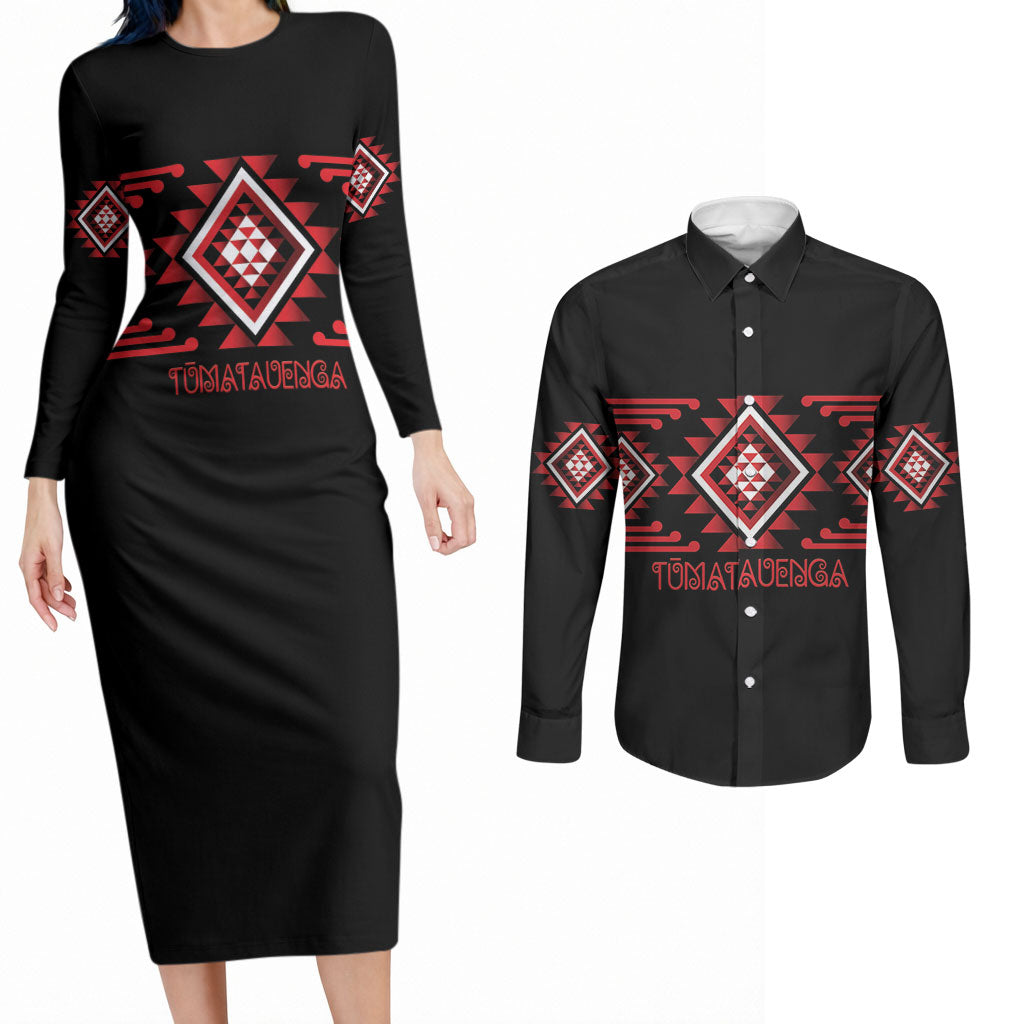 Aotearoa Atua Tumatauenga Personalised Couples Matching Long Sleeve Bodycon Dress and Long Sleeve Button Shirt Maori God Of War Taniko Motifs