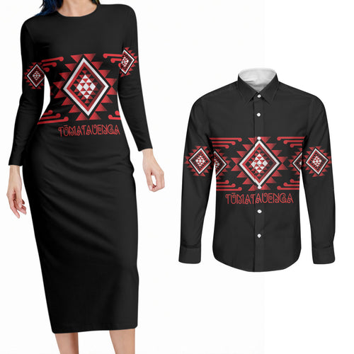 Aotearoa Atua Tumatauenga Personalised Couples Matching Long Sleeve Bodycon Dress and Long Sleeve Button Shirt Maori God Of War Taniko Motifs